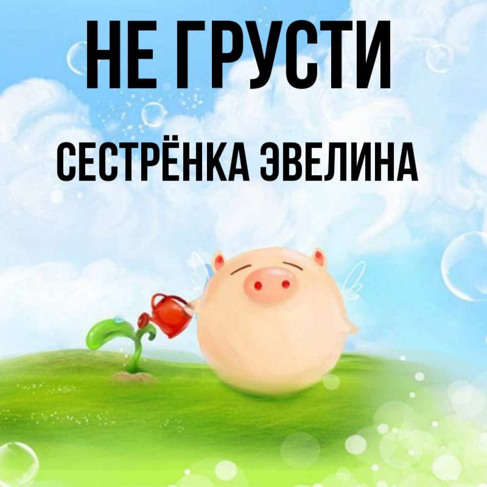 Открытка на каждый день с именем, Сестрёнка-Эвелина Не грусти поливает цветок порося Прикольная открытка с пожеланием онлайн скачать бесплатно 