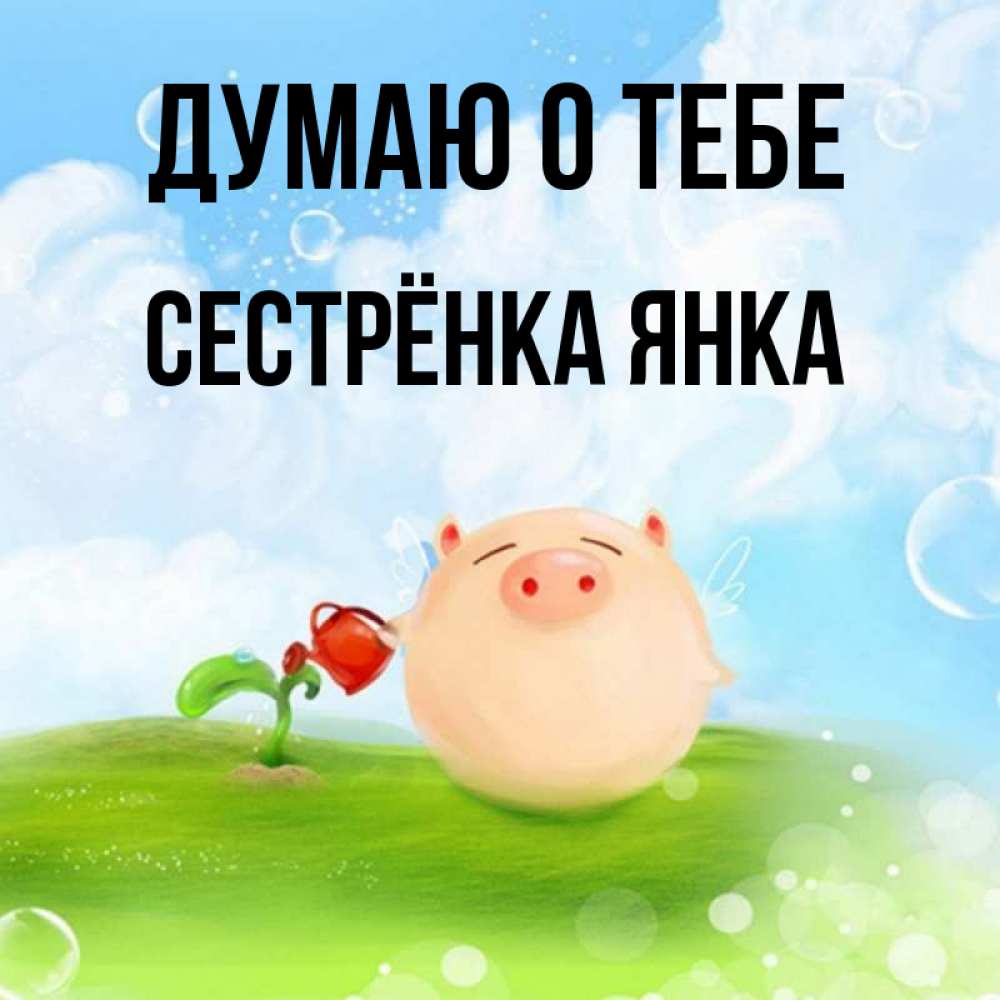 Открытка на каждый день с именем, Сестрёнка-Янка Думаю о тебе позитивная свинюшка Прикольная открытка с пожеланием онлайн скачать бесплатно 