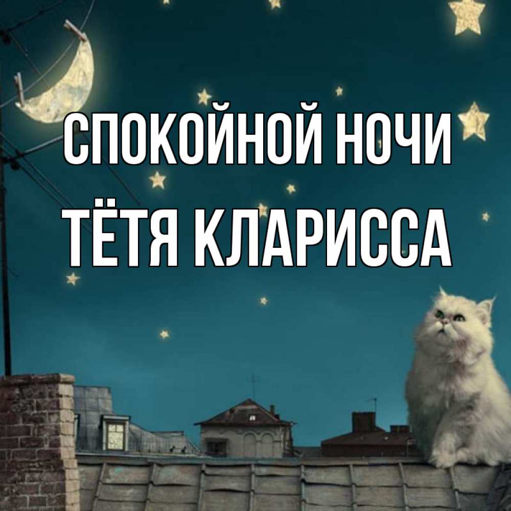 Открытка на каждый день с именем, Тётя-Кларисса Спокойной ночи белый кот сидит на крыше Прикольная открытка с пожеланием онлайн скачать бесплатно 