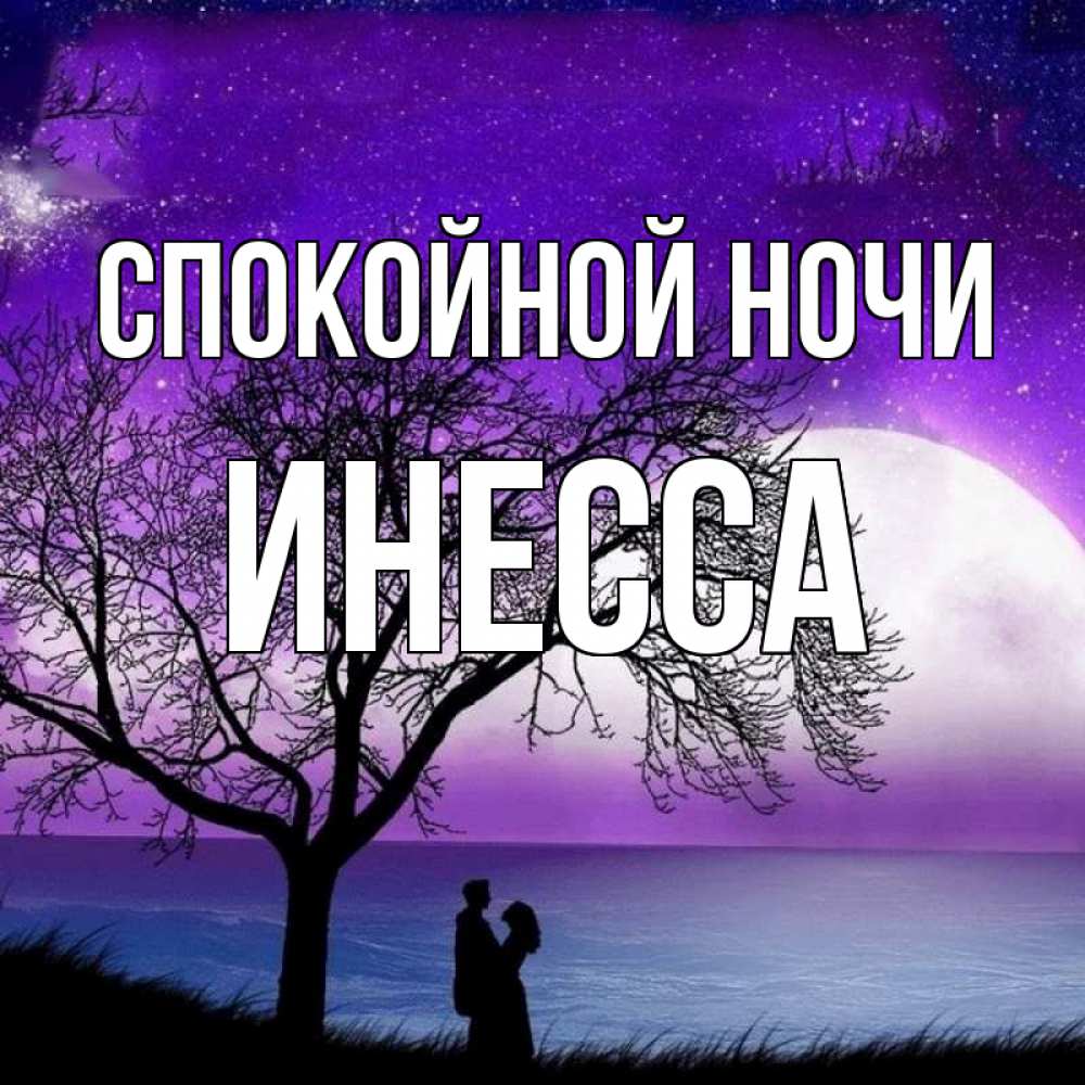 Открытка на каждый день с именем, Инесса Спокойной ночи огромная луна и парочка Прикольная открытка с пожеланием онлайн скачать бесплатно 