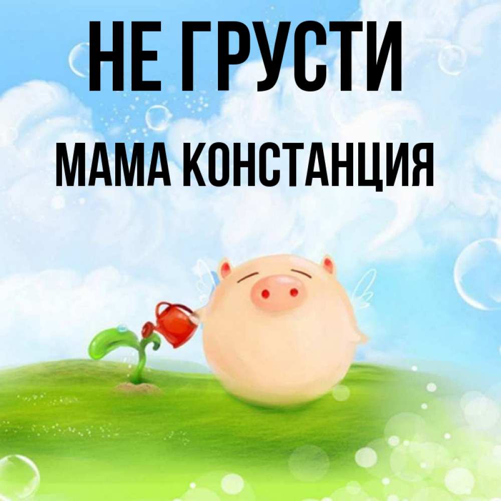 Открытка на каждый день с именем, Мама-Констанция Не грусти поливает цветок порося Прикольная открытка с пожеланием онлайн скачать бесплатно 
