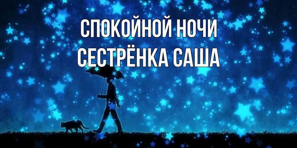 Открытка на каждый день с именем, Сестрёнка-Саша Спокойной ночи ночные прогулки с котом под звездами Прикольная открытка с пожеланием онлайн скачать бесплатно 
