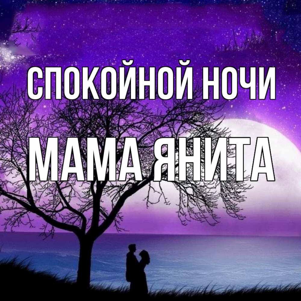 Открытка на каждый день с именем, Мама-Янита Спокойной ночи огромная луна и парочка Прикольная открытка с пожеланием онлайн скачать бесплатно 