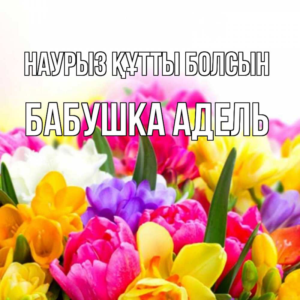 Открытка на каждый день с именем, Бабушка-Адель Наурыз құтты болсын тюльпаны Прикольная открытка с пожеланием онлайн скачать бесплатно 