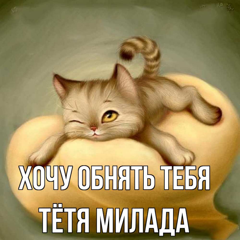 Открытка на каждый день с именем, Тётя-Милада Хочу обнять тебя кошечка Прикольная открытка с пожеланием онлайн скачать бесплатно 