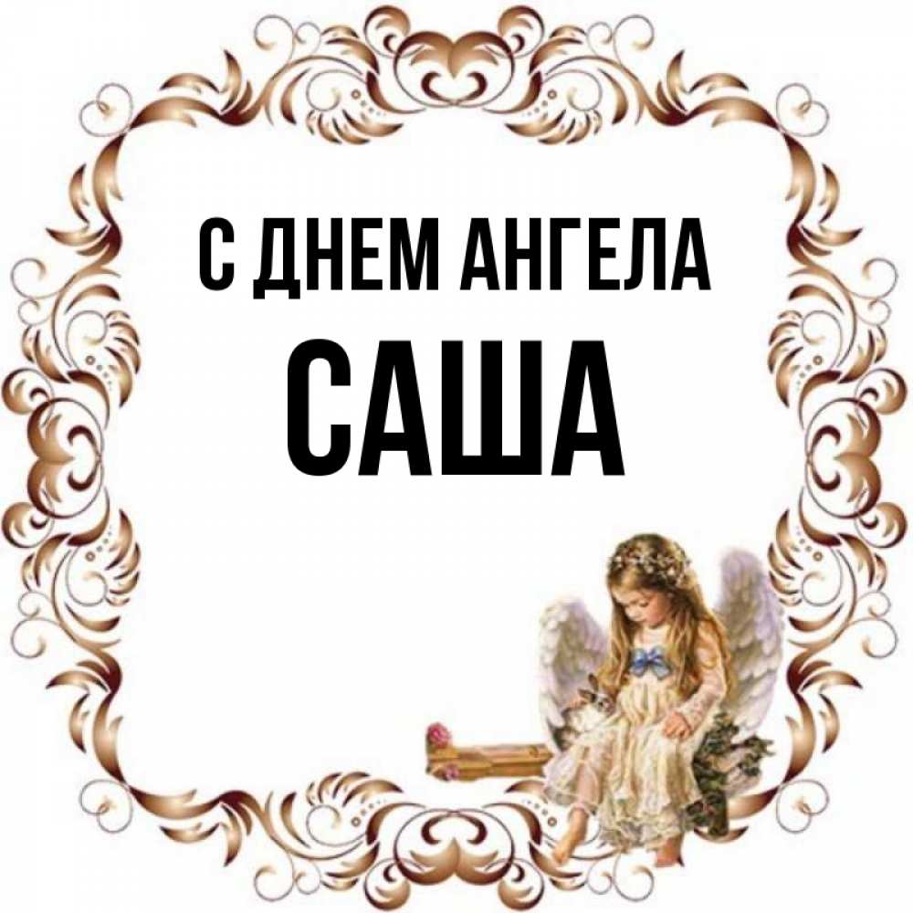 Открытка на каждый день с именем, Саша С днем ангела рамочка из перьев и ангелочек Прикольная открытка с пожеланием онлайн скачать бесплатно 