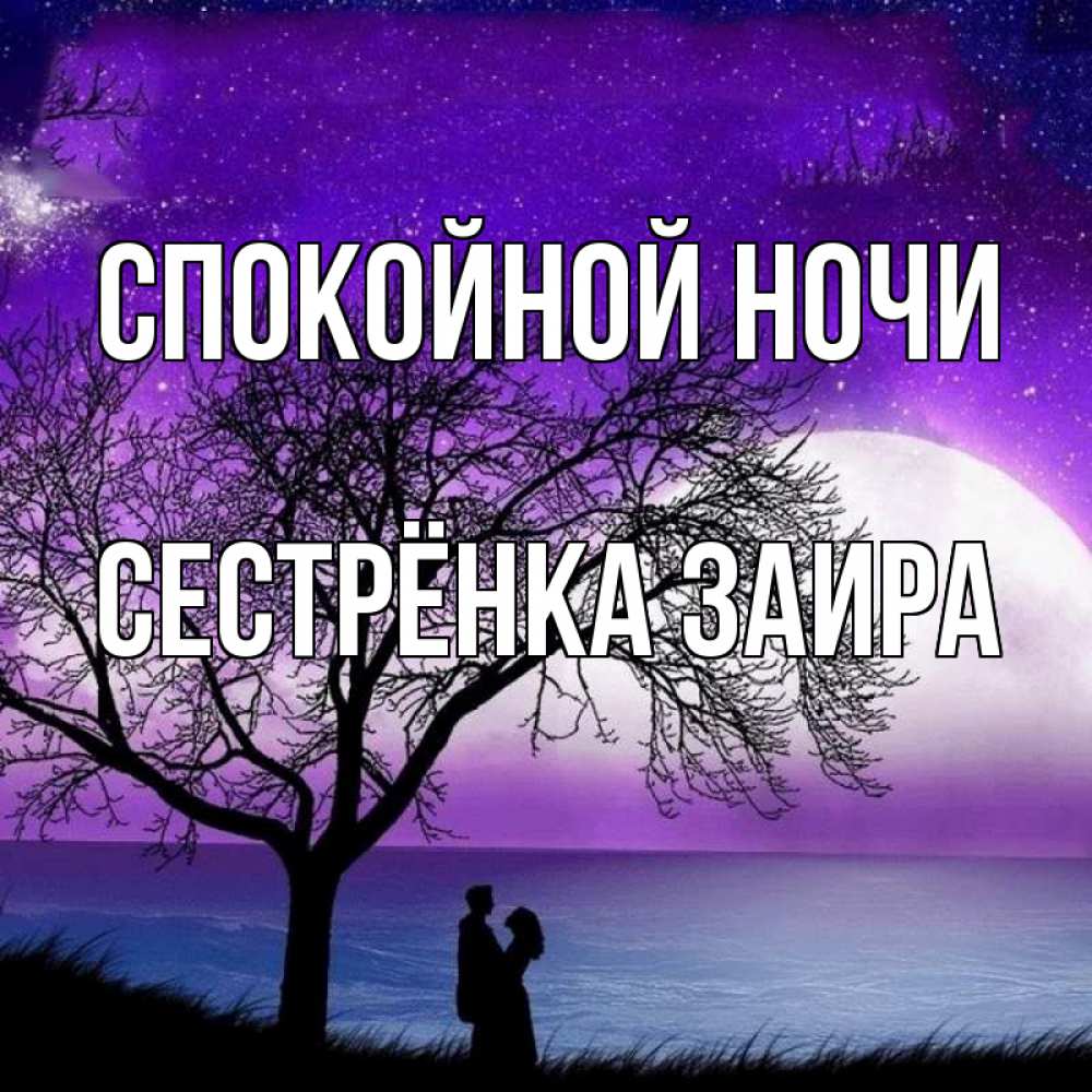 Открытка на каждый день с именем, Сестрёнка-Заира Спокойной ночи огромная луна и парочка Прикольная открытка с пожеланием онлайн скачать бесплатно 