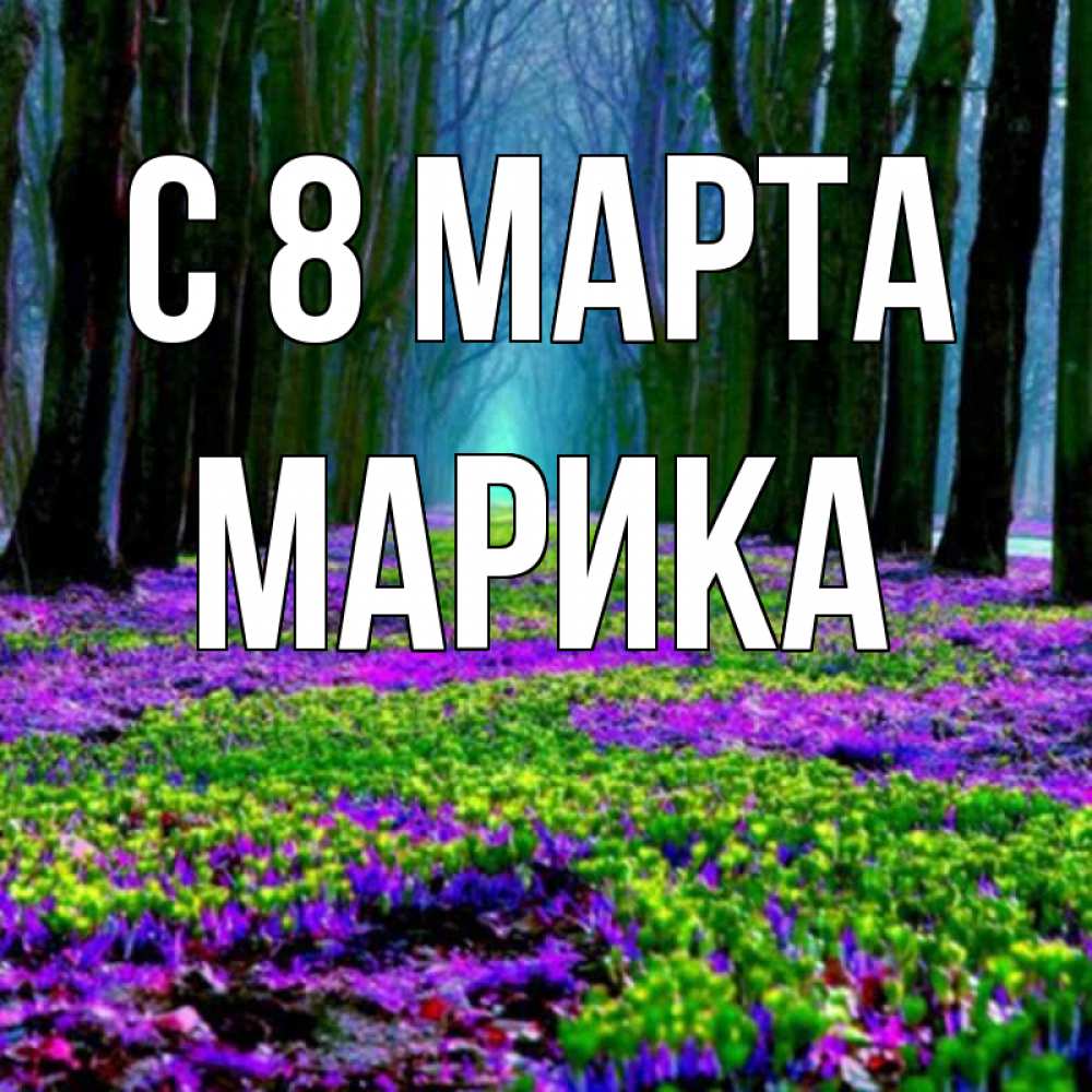 Открытка на каждый день с именем, Марика С 8 МАРТА фиолетовые цветы в лесу 1 Прикольная открытка с пожеланием онлайн скачать бесплатно 