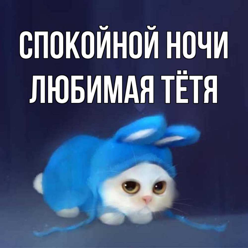Открытка на каждый день с именем, любимая-Тётя Спокойной ночи кот в голубом костюме кролика с ушками Прикольная открытка с пожеланием онлайн скачать бесплатно 