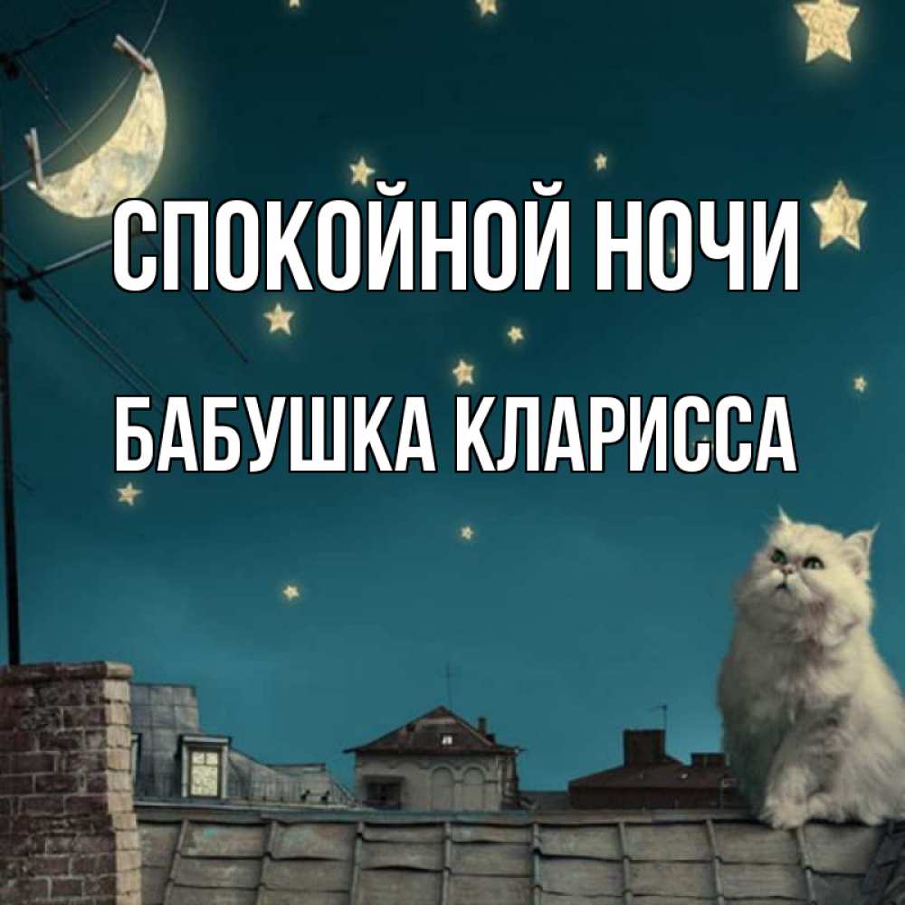 Открытка на каждый день с именем, Бабушка-Кларисса Спокойной ночи белый кот сидит на крыше Прикольная открытка с пожеланием онлайн скачать бесплатно 