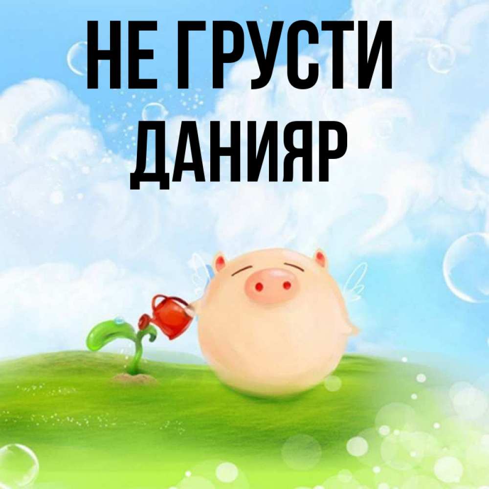 Открытка на каждый день с именем, Данияр Не грусти поливает цветок порося Прикольная открытка с пожеланием онлайн скачать бесплатно 