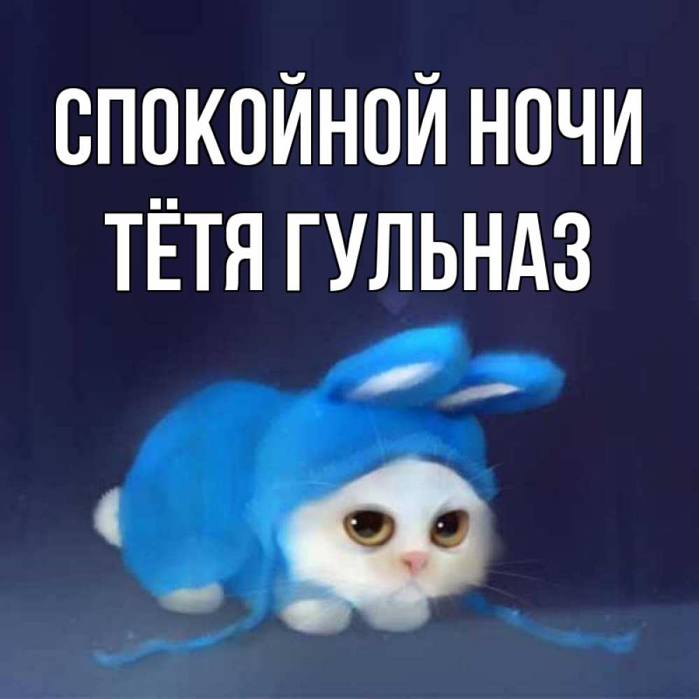 Открытка на каждый день с именем, Тётя-Гульназ Спокойной ночи кот в голубом костюме кролика с ушками Прикольная открытка с пожеланием онлайн скачать бесплатно 
