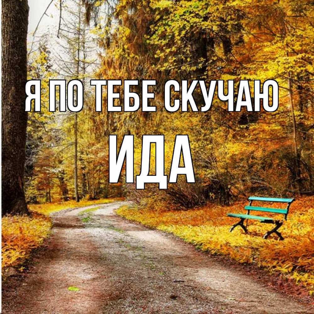 Открытка на каждый день с именем, Ида Я по тебе скучаю зеленая лавочка и осенний лес Прикольная открытка с пожеланием онлайн скачать бесплатно 
