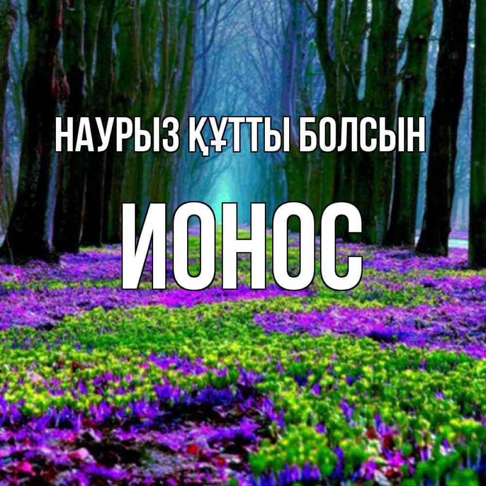 Открытка на каждый день с именем, Ионос Наурыз құтты болсын фиолетовые цветы в лесу 1 Прикольная открытка с пожеланием онлайн скачать бесплатно 