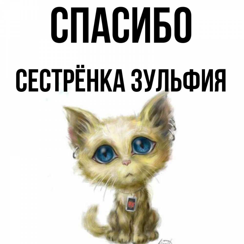 Открытка на каждый день с именем, Сестрёнка-Зульфия Спасибо рисованный кот благодарит вас Прикольная открытка с пожеланием онлайн скачать бесплатно 