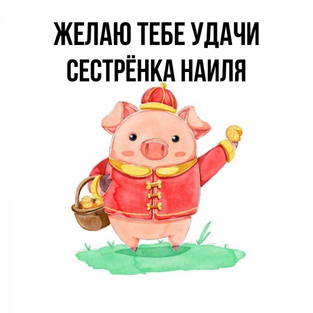 Открытка на каждый день с именем, Сестрёнка-Наиля Желаю тебе удачи поросенок Прикольная открытка с пожеланием онлайн скачать бесплатно 