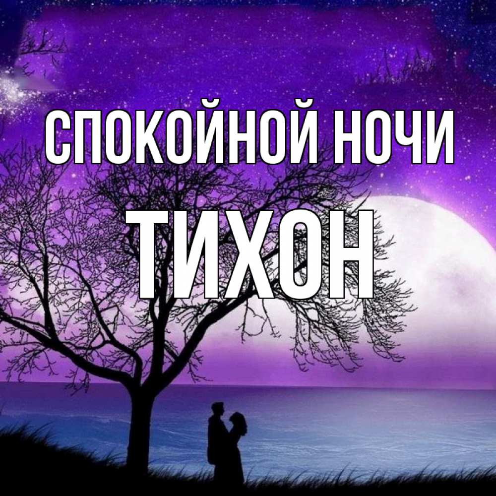 Открытка на каждый день с именем, Тихон Спокойной ночи огромная луна и парочка Прикольная открытка с пожеланием онлайн скачать бесплатно 