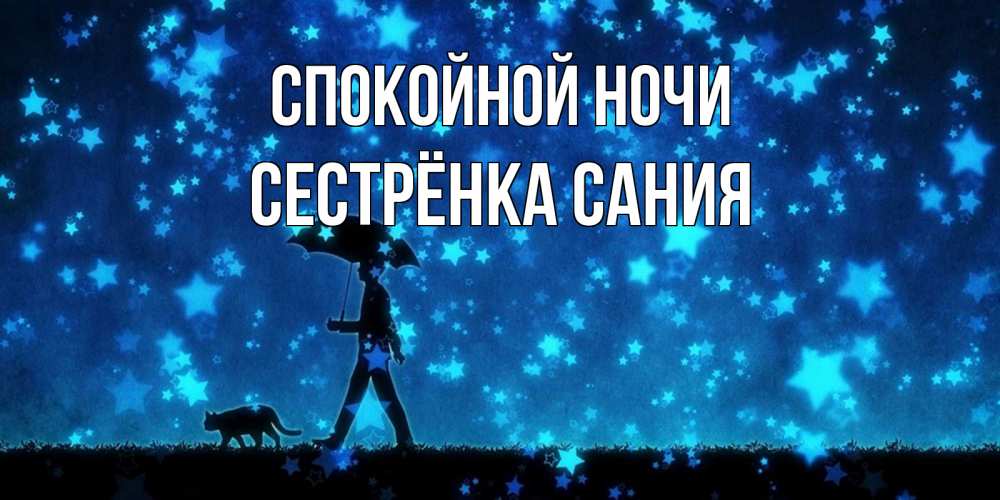 Открытка на каждый день с именем, Сестрёнка-Сания Спокойной ночи ночные прогулки с котом под звездами Прикольная открытка с пожеланием онлайн скачать бесплатно 