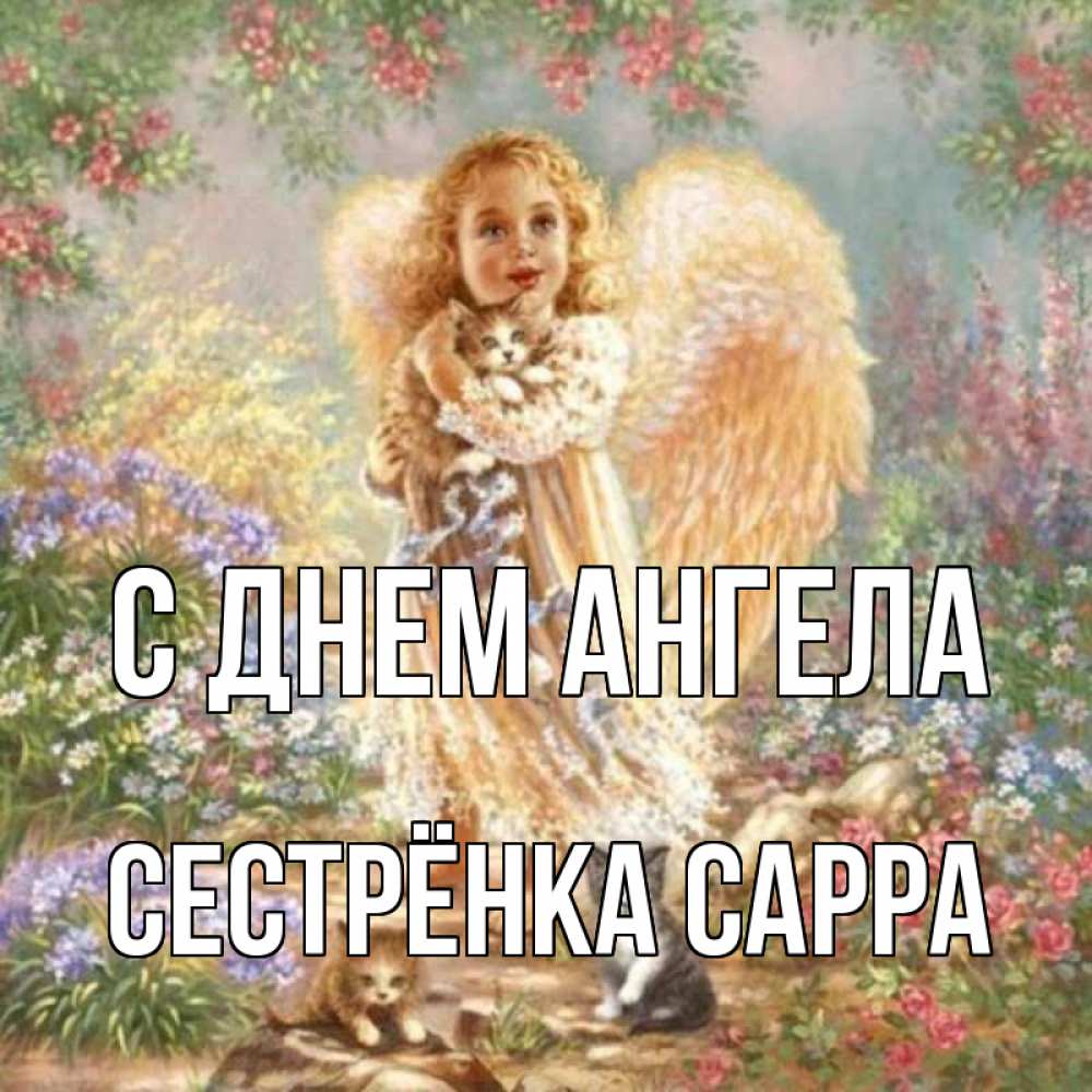 Открытка на каждый день с именем, Сестрёнка-Сарра С днем ангела держит котенка Прикольная открытка с пожеланием онлайн скачать бесплатно 