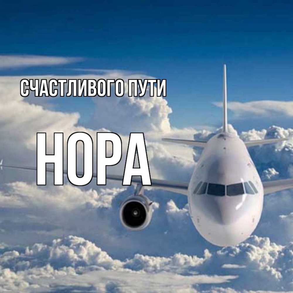 Открытка на каждый день с именем, Нора Счастливого пути голубое небо и белоснежный самолет Прикольная открытка с пожеланием онлайн скачать бесплатно 
