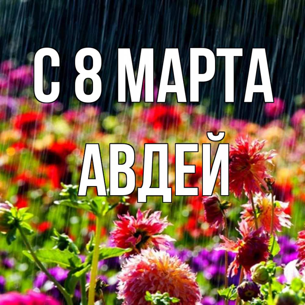 Открытка на каждый день с именем, Авдей С 8 МАРТА цветы под дождиком к международному женскому дню Прикольная открытка с пожеланием онлайн скачать бесплатно 