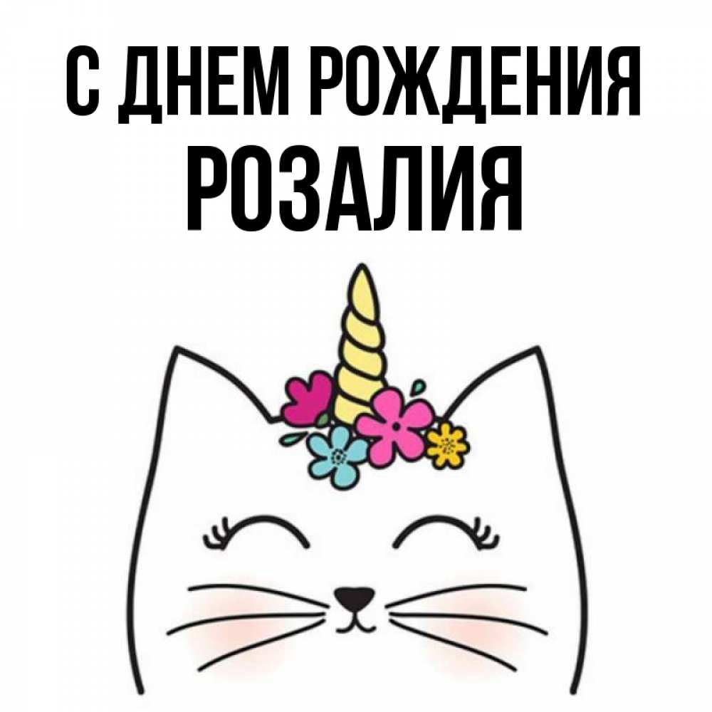 Открытка на каждый день с именем, Розалия С днем рождения милый кот с одним рожком Прикольная открытка с пожеланием онлайн скачать бесплатно 