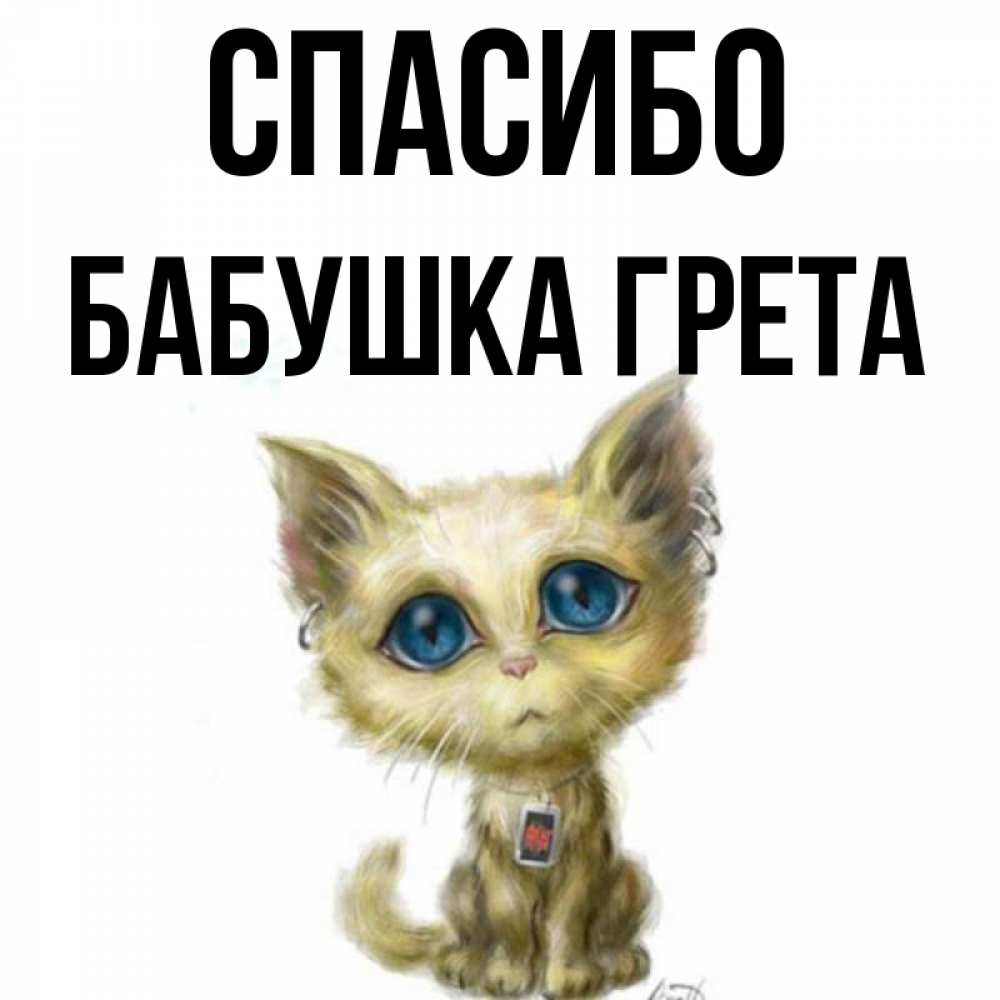 Открытка на каждый день с именем, Бабушка-Грета Спасибо рисованный кот благодарит вас Прикольная открытка с пожеланием онлайн скачать бесплатно 