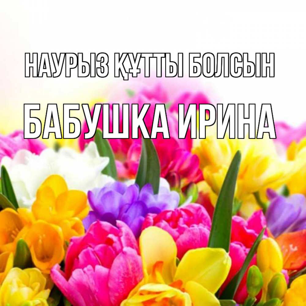Открытка на каждый день с именем, Бабушка-Ирина Наурыз құтты болсын тюльпаны Прикольная открытка с пожеланием онлайн скачать бесплатно 