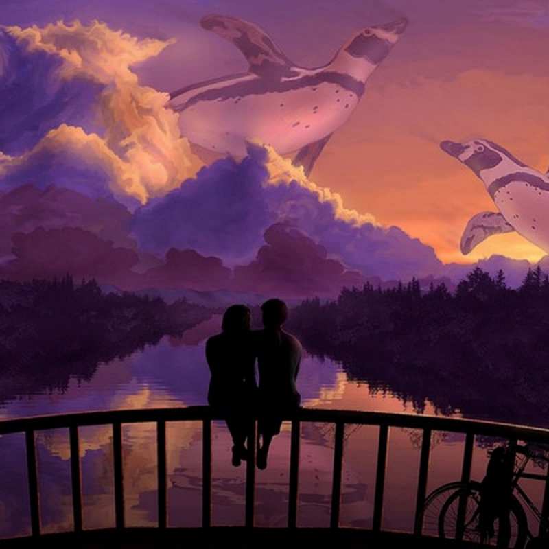 Открытка абстракция и люди  парочка сидит на мосте или на набережной  Хочу обнять тебя 