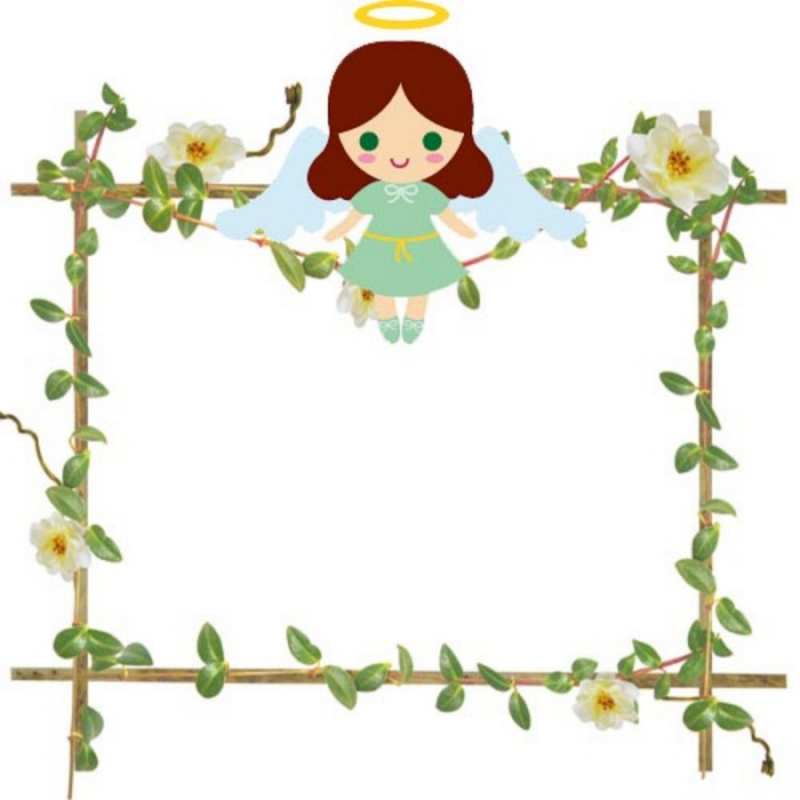 Открытка Ангел сидит на рамочке из цветов  Ангел с нимбом  С днем ангела 