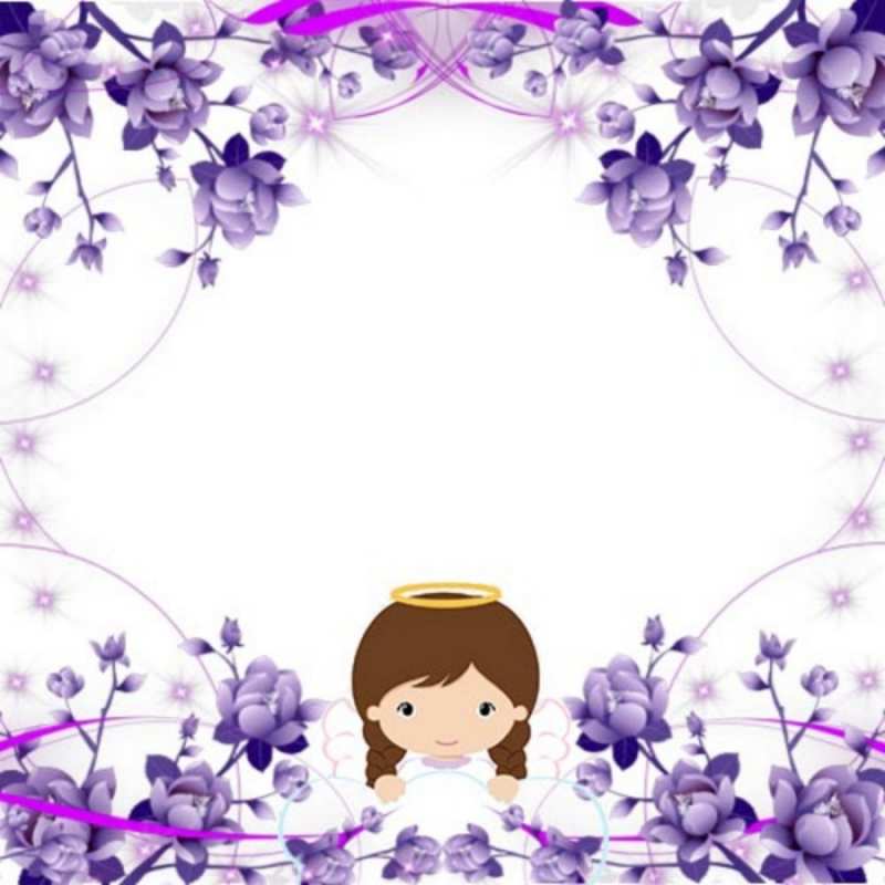 Открытка Ангел с нимбом и фиолетовые цветы  с именинами в рамочке  С днем ангела 