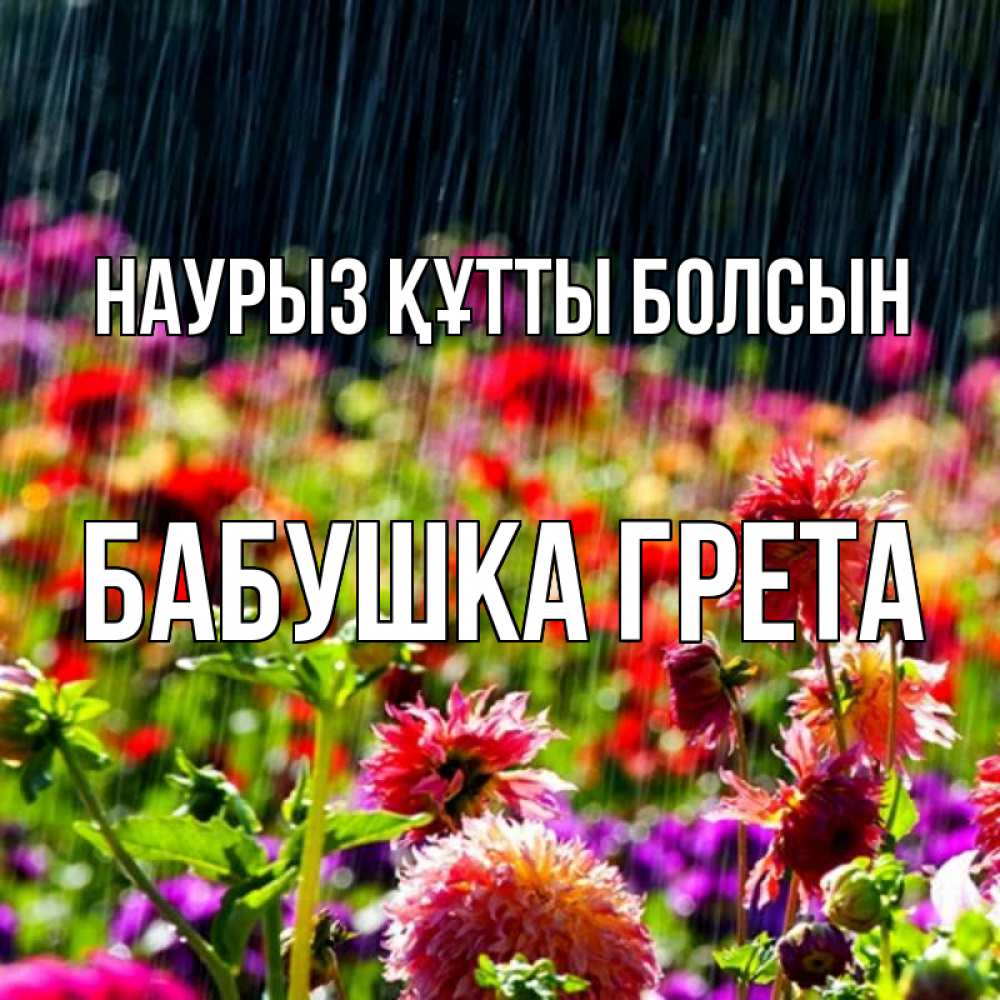 Открытка на каждый день с именем, Бабушка-Грета Наурыз құтты болсын цветы под дождиком к наурызу Прикольная открытка с пожеланием онлайн скачать бесплатно 