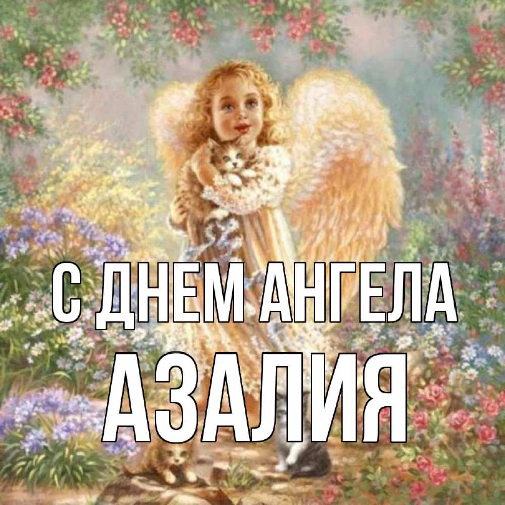 Открытка на каждый день с именем, Азалия С днем ангела держит котенка Прикольная открытка с пожеланием онлайн скачать бесплатно 