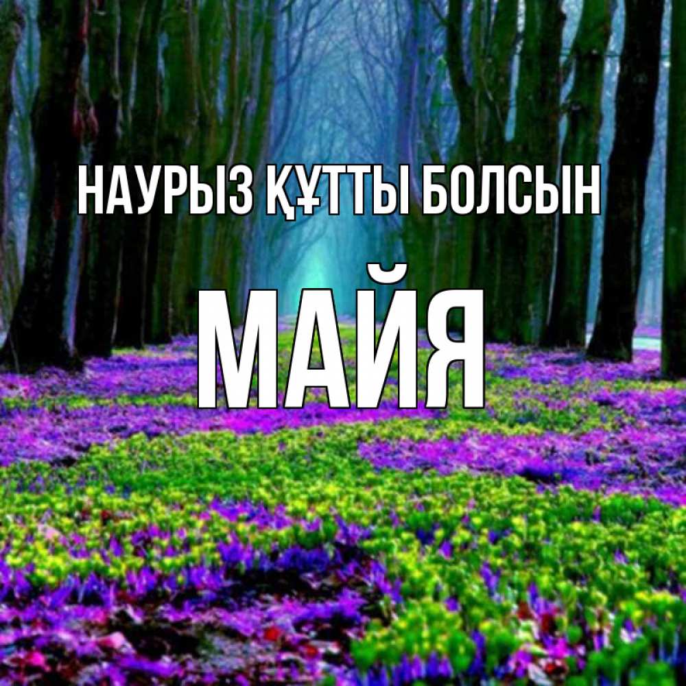 Открытка на каждый день с именем, Майя Наурыз құтты болсын фиолетовые цветы в лесу 1 Прикольная открытка с пожеланием онлайн скачать бесплатно 