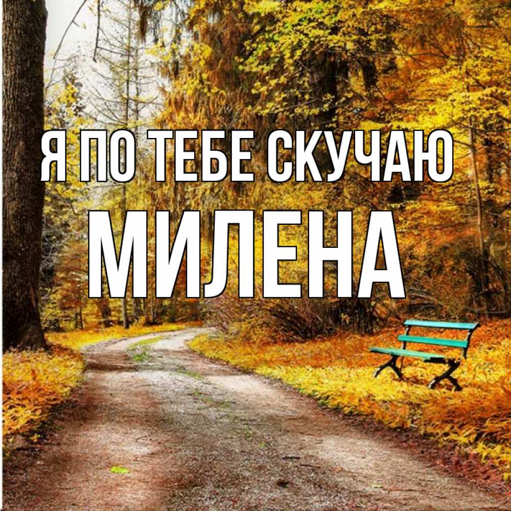 Открытка на каждый день с именем, Милена Я по тебе скучаю зеленая лавочка и осенний лес Прикольная открытка с пожеланием онлайн скачать бесплатно 