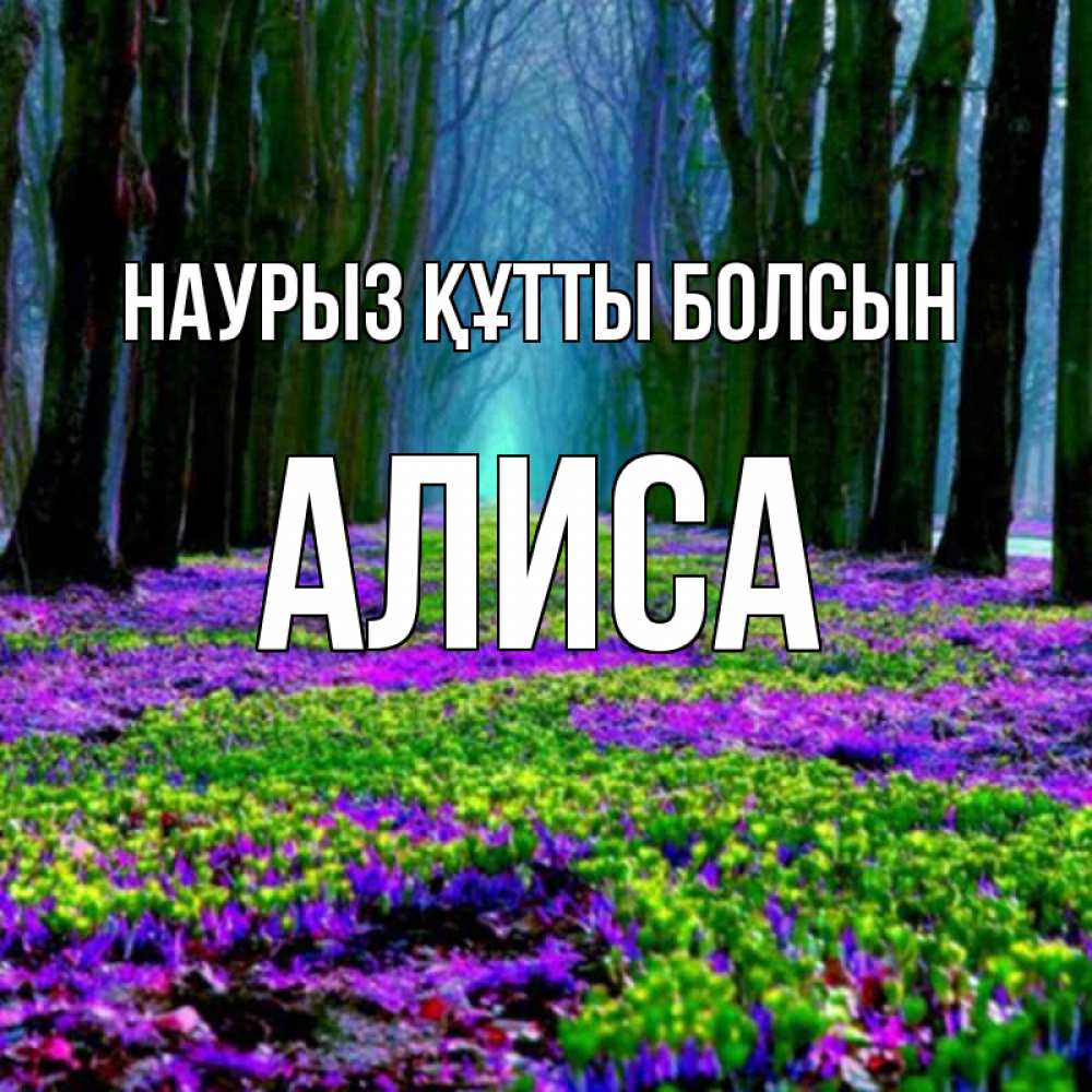 Открытка на каждый день с именем, Алиса Наурыз құтты болсын фиолетовые цветы в лесу 1 Прикольная открытка с пожеланием онлайн скачать бесплатно 