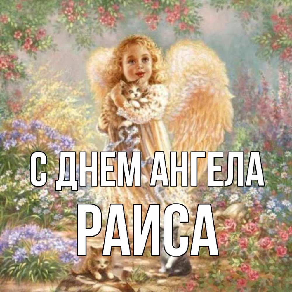Открытка на каждый день с именем, Раиса С днем ангела держит котенка Прикольная открытка с пожеланием онлайн скачать бесплатно 