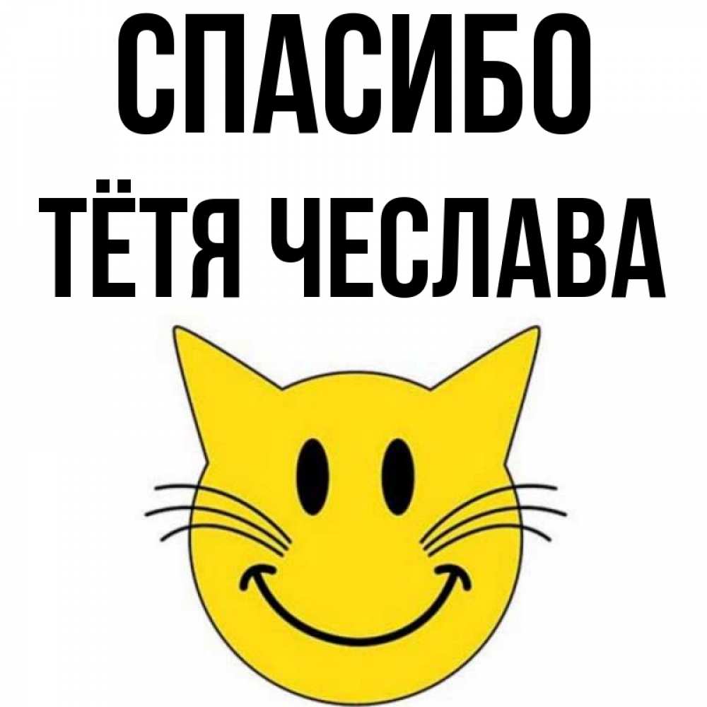 Открытка на каждый день с именем, Тётя-Чеслава Спасибо улыбающийся смайл кот Прикольная открытка с пожеланием онлайн скачать бесплатно 