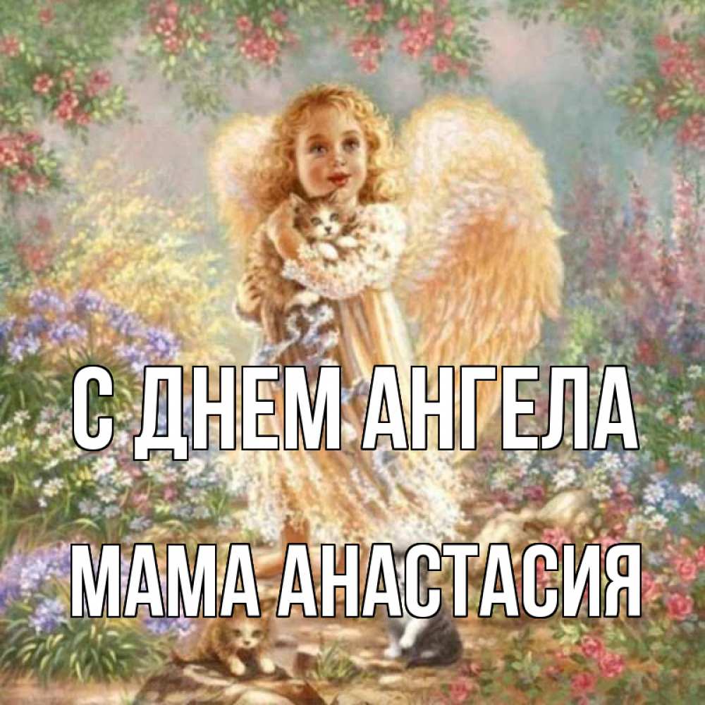 Открытка на каждый день с именем, Мама-Анастасия С днем ангела держит котенка Прикольная открытка с пожеланием онлайн скачать бесплатно 