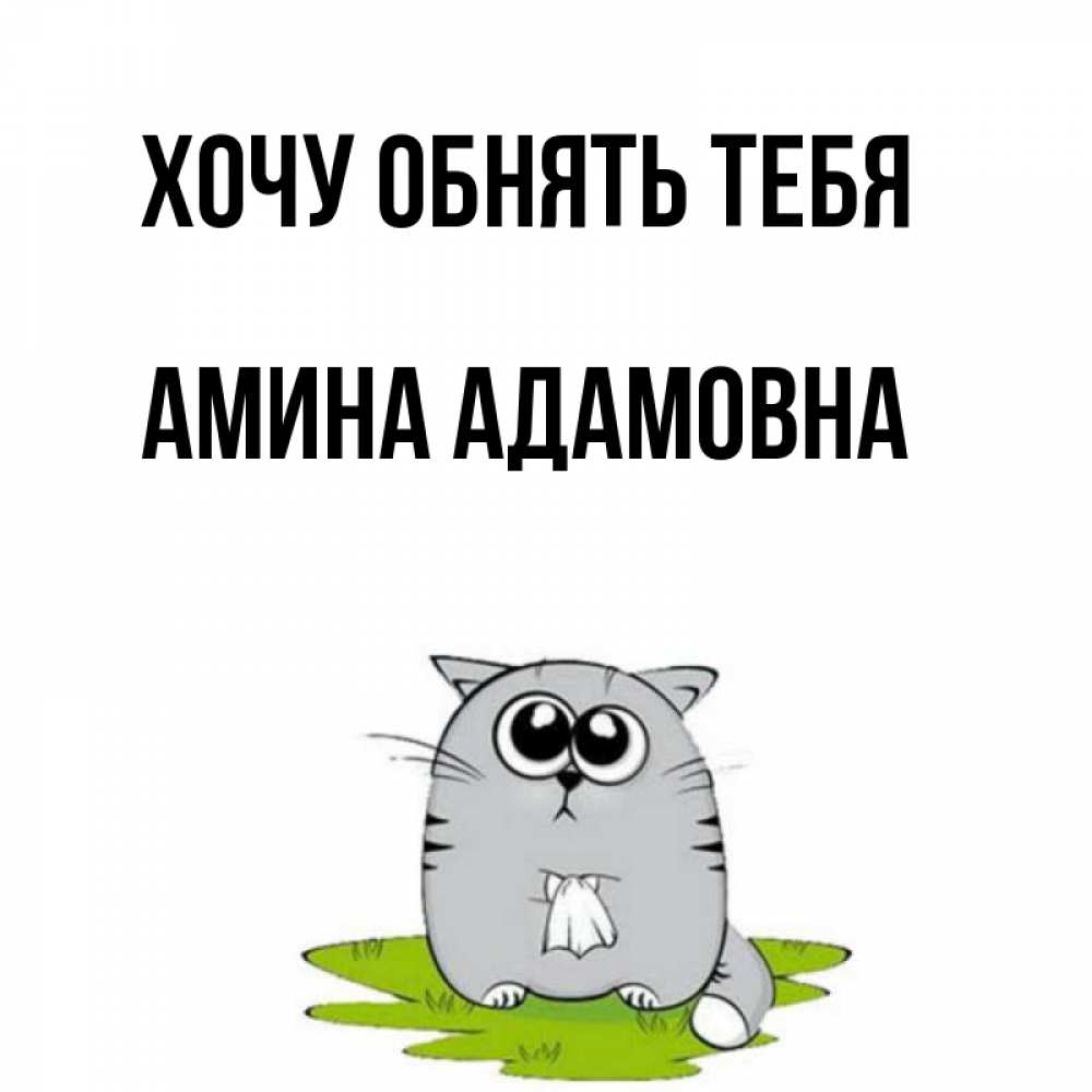 Открытка на каждый день с именем, Амина-Адамовна Хочу обнять тебя котик теребит платочек сидя на травке Прикольная открытка с пожеланием онлайн скачать бесплатно 