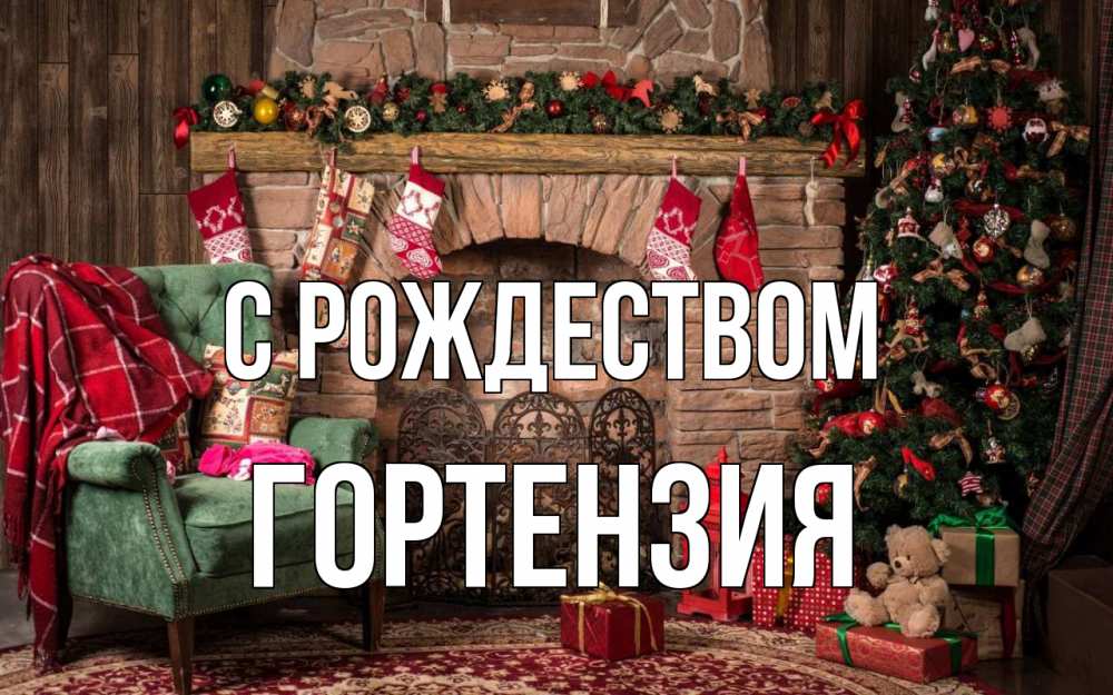 Открытка на каждый день с именем, Гортензия С рождеством рождество, камин, ель Прикольная открытка с пожеланием онлайн скачать бесплатно 