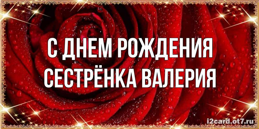 Открытка на каждый день с именем, Сестрёнка-Валерия С днем рождения роса на розе блестящая в лучах солнца Прикольная открытка с пожеланием онлайн скачать бесплатно 