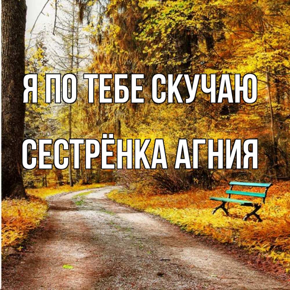 Открытка на каждый день с именем, Сестрёнка-Агния Я по тебе скучаю зеленая лавочка и осенний лес Прикольная открытка с пожеланием онлайн скачать бесплатно 