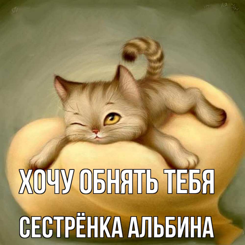 Открытка на каждый день с именем, Сестрёнка-Альбина Хочу обнять тебя кошечка Прикольная открытка с пожеланием онлайн скачать бесплатно 