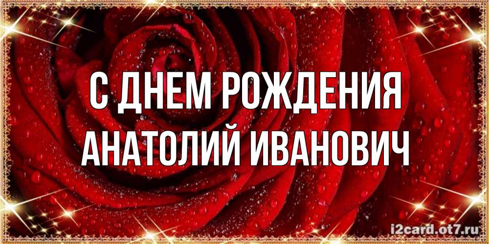 Открытка на каждый день с именем, Анатолий-Иванович С днем рождения роса на розе блестящая в лучах солнца Прикольная открытка с пожеланием онлайн скачать бесплатно 