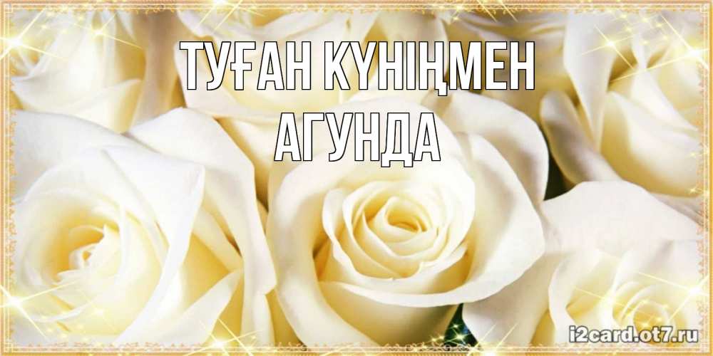 Открытка на каждый день с именем, Агунда Туған күніңмен розочки белого цвета на открытке Прикольная открытка с пожеланием онлайн скачать бесплатно 