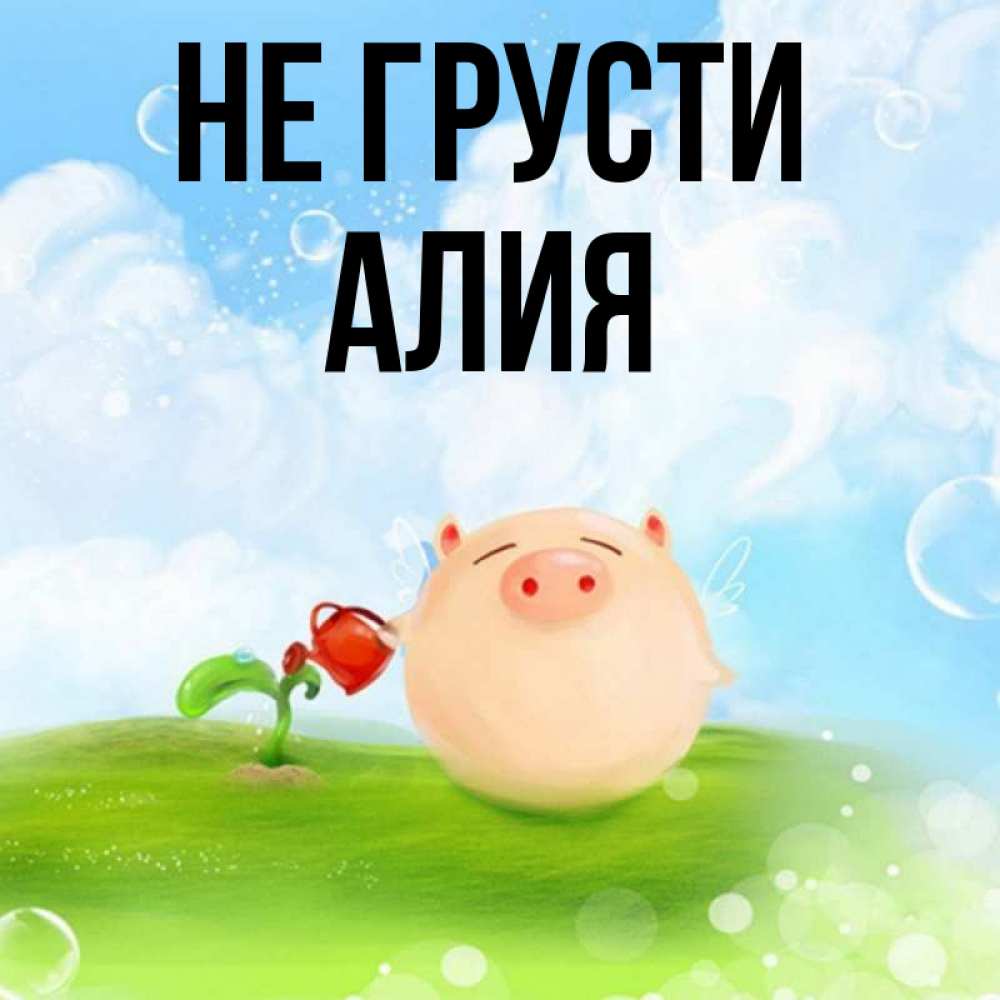 Открытка на каждый день с именем, Алия Не грусти поливает цветок порося Прикольная открытка с пожеланием онлайн скачать бесплатно 