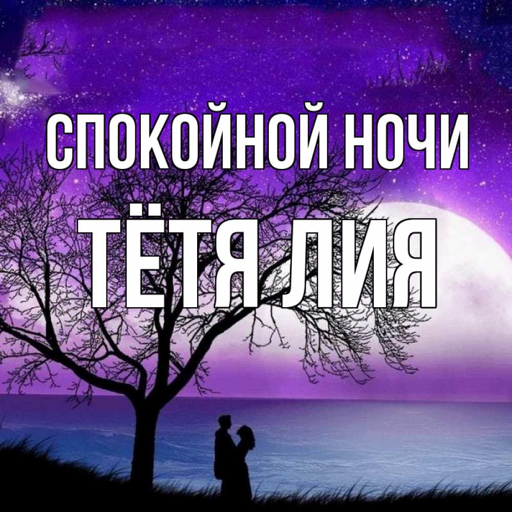 Открытка на каждый день с именем, Тётя-Лия Спокойной ночи огромная луна и парочка Прикольная открытка с пожеланием онлайн скачать бесплатно 