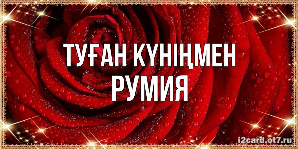Открытка на каждый день с именем, Румия Туған күніңмен роса на розе блестящая в лучах солнца Прикольная открытка с пожеланием онлайн скачать бесплатно 