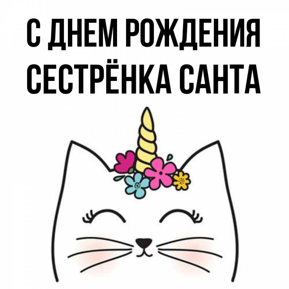 Открытка на каждый день с именем, Сестрёнка-Санта С днем рождения милый кот с одним рожком Прикольная открытка с пожеланием онлайн скачать бесплатно 